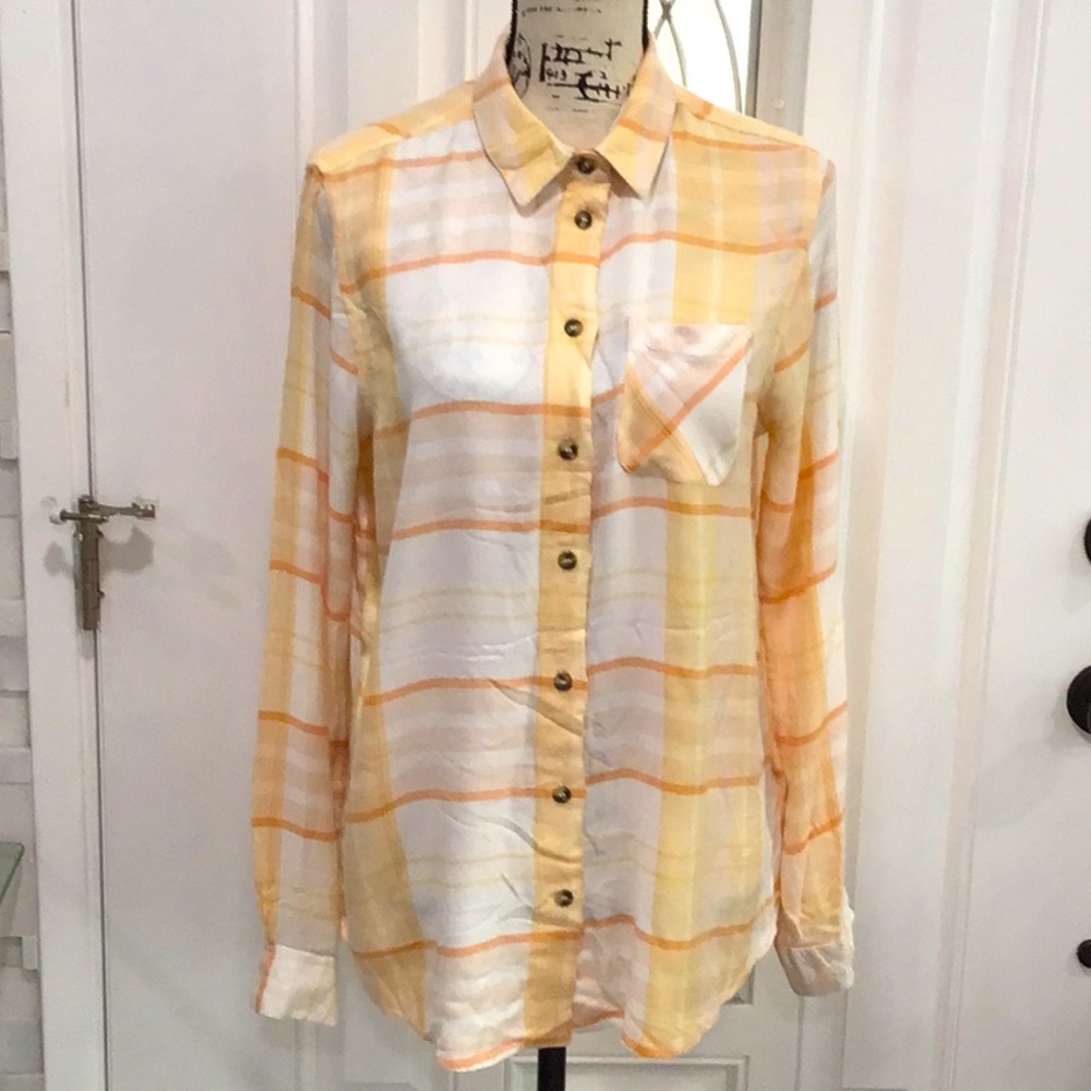 🆕 TOPSHOP Plaid Button Down Shirt Long Sleeves With Collar White/Yellow